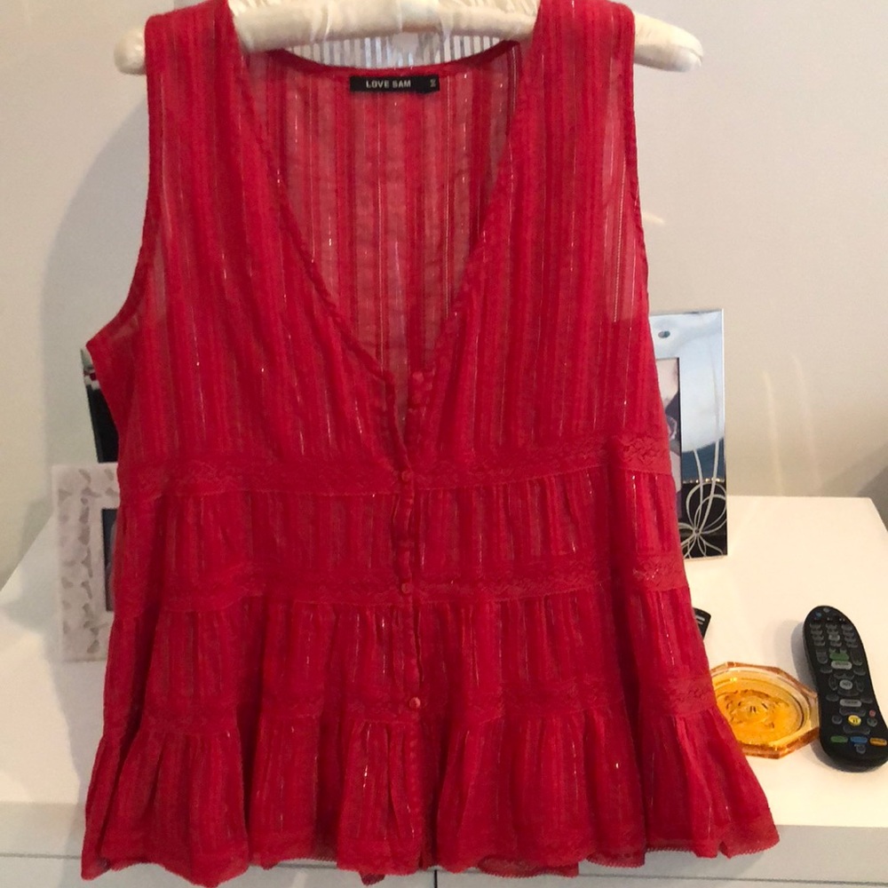 Red, sleeveless, cotton blouse-